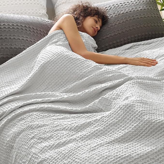 PHF Ultra Soft Waffle Weave Throw Blanket 50"x 60"- Washed Lightweight Breathable Cozy Woven Blanket for Bed - Aesthetic Decor for Couch Bedding Sofa Home Car - Light Grey