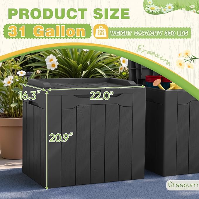 Greesum 31 Gallon Deck Box for Outside, All Weather Outdoor Storage Boxes for Patio Furniture Set, Package Delivery Box,Garden Tools, Gray(Set of 2)