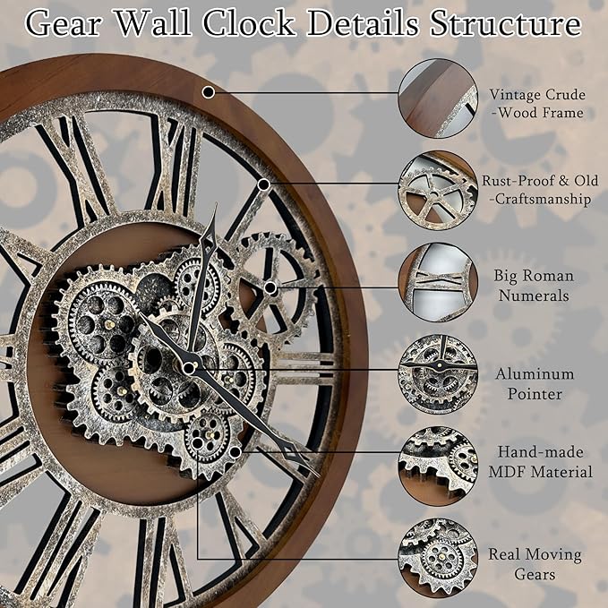 HOIBAI Clocks for Living Room Decor, Large Wall Clock 24 in (60cm) Clocks Wall Decor, Moving Gear Wall Clock, Farmhouse Vintage Industrial Oversized
