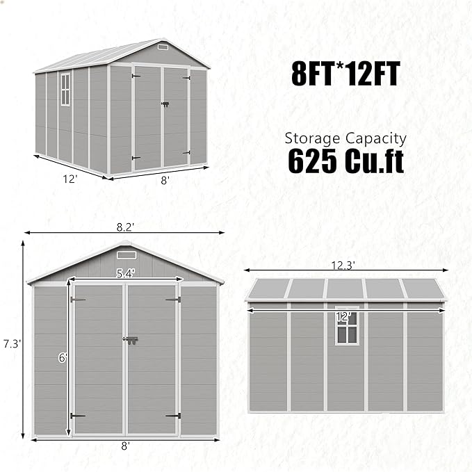 Outdoor Shed 5x3/6x4/7x7/8x6/8x10/8x12 FT, 15MM Thick PP Resin Plastic Shed with Lockable Door & Floor - Waterproof Plastic Tool Shed for Bike, Garbage Can, Backyard, Patio (Grey, 8x12FT)