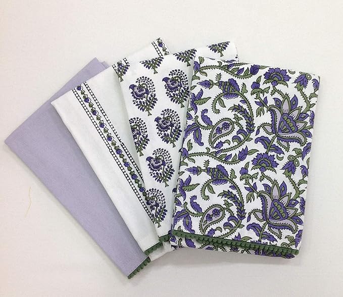 TARAN LIVING Printed Kitchen Dish Bar and Tea Towels Cotton, 18x28 inch with Trims, Cotton Dish Towel Sets (White & Purple, Set of 4)