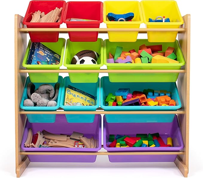 Humble Crew Kids Toy Storage Organizer with 12 Storage Bins, Rainbow/Natural Wood