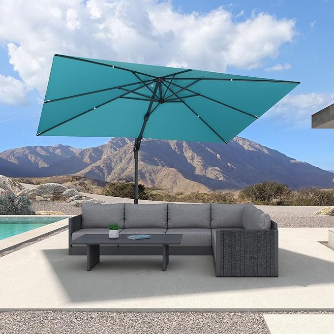 PURPLE LEAF 8' X 11' Left-right Tilting Patio Umbrella Outdoor Cantilever Swivel Rectangle Umbrella with Tilt Aluminum Offset Umbrella with 360-degree Rotation for Garden Deck Pool Patio Turquoise Blue