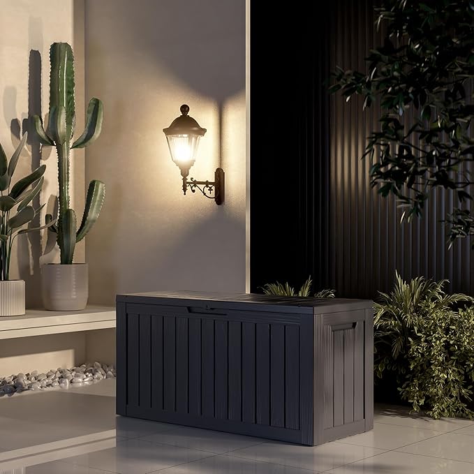 ROJIK Outdoor Storage Housing Deck Box - Waterproof Patio Furniture, Garden Tools, Cushions, Pool Accessories Storage Bench with Lockable Lid and Side Handles (Black 80 Gal)