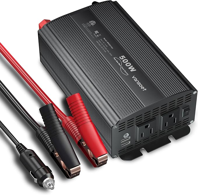 500W Pure Sine Wave Power Inverter, DC 12V to 110V AC Car Plug Inverter Adapter with 4.2A Dual USB Charging Ports and 2 AC Outlets Car Charger (Black)