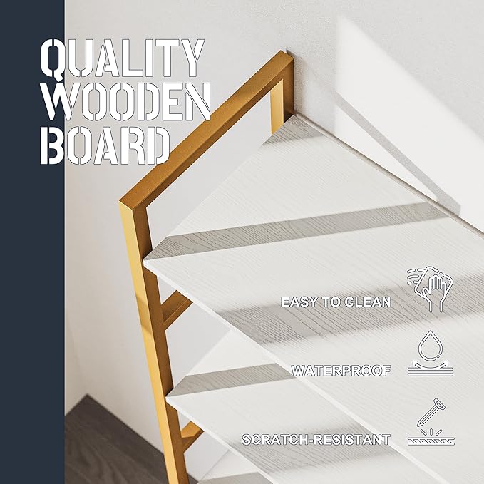 Triple 5 Tier Bookshelf, Industrial Large Bookcase with Storage Cabinet, Tall Gold Bookshelf with 14 Open Display Shelves Metal Frame Furniture for Living Room Bedroom Home Office Gold & White