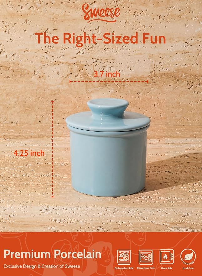Sweese Counter with Water Line for Fresh Spreadable Butter - French Butter Keeper with Lid - Housewarming Gift For The One Who Has It All - Bluish Grey