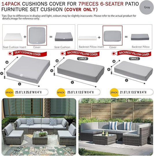 ClawsCover 14Pack Outdoor Patio Seat and Back Cushions Replacement Covers Fit for 7Pieces 6-Seater Wicker Rattan Sectional Couch Chair Furniture Set,Gray-Include Cover Only (Large)