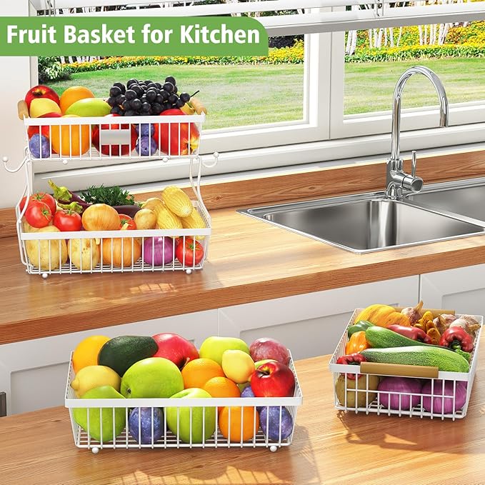 2 Tier Fruit Basket for Kitchen Counter with 2 Banana Hangers, Countertop Metal Fruit Bowl with Wooden Handle, Large Storage Stand for Vegetables, Snacks, Breads, Produce Storage – White