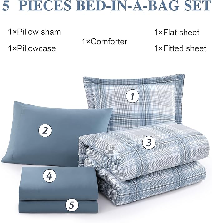 Blue King Size Comforter, Dorm Plaid Light Blue King Bedding Set Homestead-style King Size Bed Set for Bedroom (Light Blue,King,102"*90")