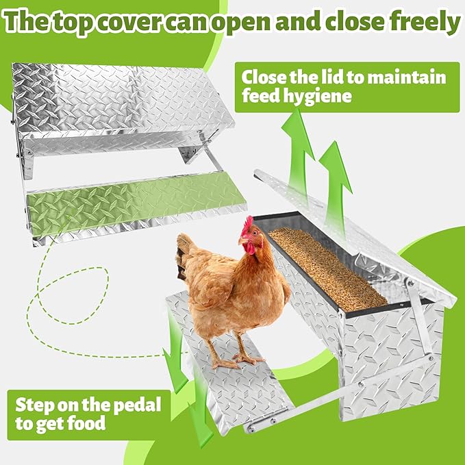 Fsehyue Automatic Chicken Feeder Chook Food Feeder Capacity Treadle Self Opening Pou with Weatherproof Lid Rain Cover for Roosters Pheasant Chicken Outdoor Coop Silver Full Aluminum(11lbs/5000g)