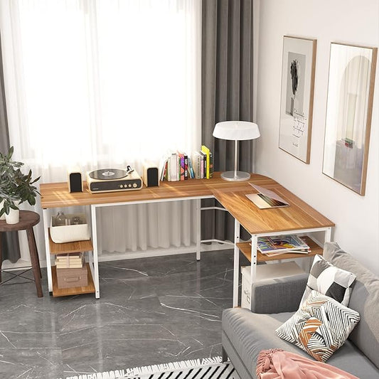 L Shaped Desk Reversible, Corner Computer L Desk with Storage Shelves, Modern Gaming Desk Workstation for Home Office, Walnut