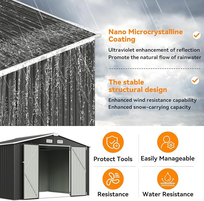 10x8 FT Metal Outdoor Storage Shed, Dual Doors with Lockable Bolts, Large Garden Shed for Yard Tools, Bike, Generator, Waterproof Galvanized Steel Panel with Vent & Sloping Roof