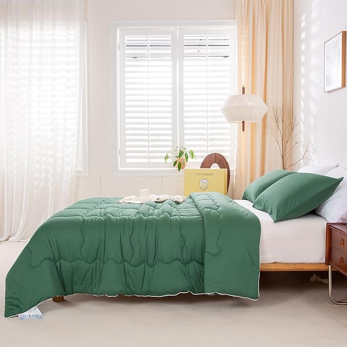 COTTEBED Forest Green Comforter Queen Size, Jersey Knit Cotton T-Shirt Feel Ultra-Soft Cute Cozy Lightweight Bedding Blanket Quilt Down Set & Pillowcase All Season Use Emerald Hunter Green,Full/Queen