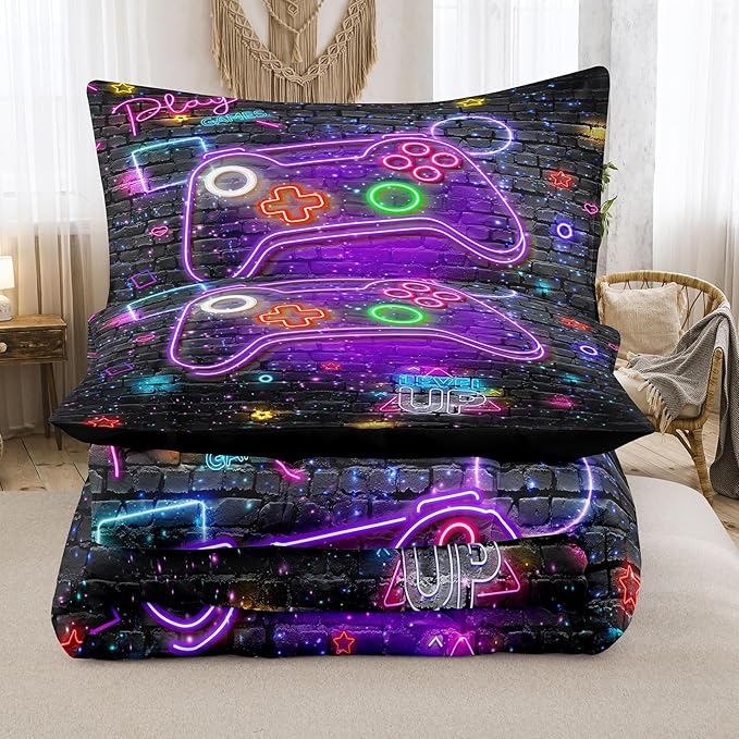 NINENINE Gaming Bedding Sets for Boys,6PCS Twin Bedding Sets for Boys,Gamer Comforter Sets for Kids Bedding Comforter Sheet Set(1Comforter,1Flat Sheet,1Fitted Sheet,1Cushion Cover,2Pillowcases)