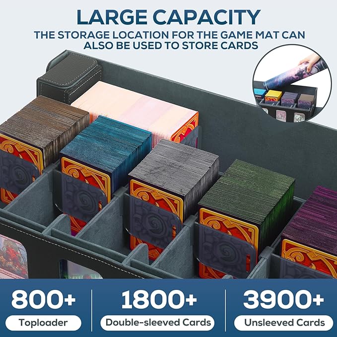 5-Row MTG Deck Box with Commander Display, Trading Card Storage Box for MTG TCG Sports Card,Card Deck Box with 1 Sieve box, 5 Toploaders, 5 Stoppers, 36 Colorful Dividers (Black & Grey)