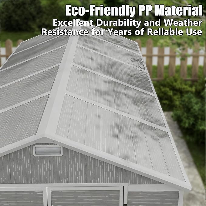 Outdoor Shed 5x3/6x4/7x7/8x6/8x10/8x12 FT, 15MM Thick PP Resin Plastic Shed with Lockable Door & Floor - Waterproof Plastic Tool Shed for Bike, Garbage Can, Backyard, Patio (Grey, 8x10FT)