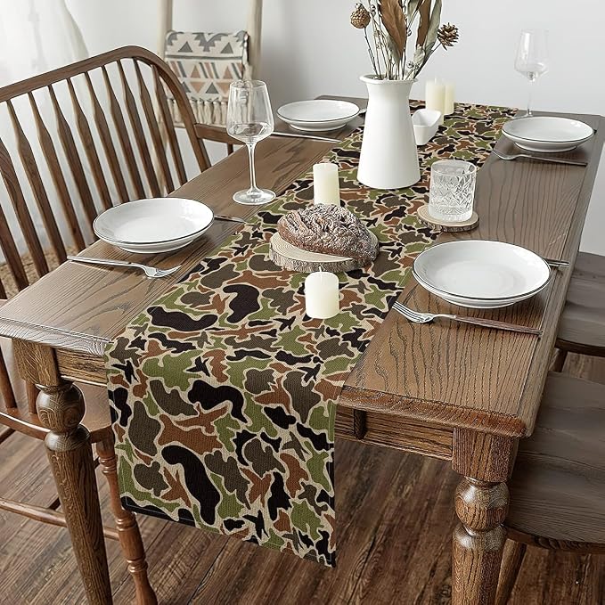 13" x 48" Duck Camouflage Table Runner Boys Girls Camo Hunting Kitchen Dining Decoration for Home Party for Kids Military Style Home Decor for Living Room Dresser Scarfs for Bedroom Green Brown