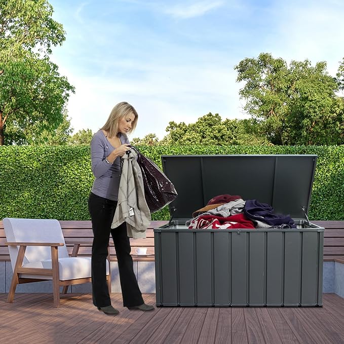 Domi Deck Box 160 Gallon, Waterproof Lockable Steel Outdoor Storage Container for Outside Cushions, Garden Tools and Pools Equipment, Gray
