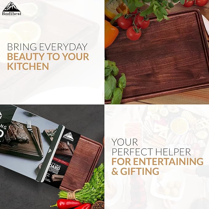 Handcrafted Walnut Wood Cutting Board 18x12, Non Toxic Kitchen Chopping Board with Juice Groove Charcuterie Serving Board, Eco & Knife Friendly Small Wooden Cutting Boards for Kitchen, Restaurant Use
