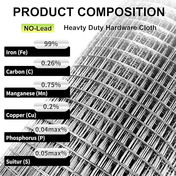 Hardware Cloth 16'' x 10' 1/4 in Galvanized Wire Mesh Roll (23 GA) Chicken Wire Fence Roll for Chicken Pen/coop Fences, Screen mesh, Rabbit/Snake Fences, Poultry enclosures, Handicraft Making, etc.
