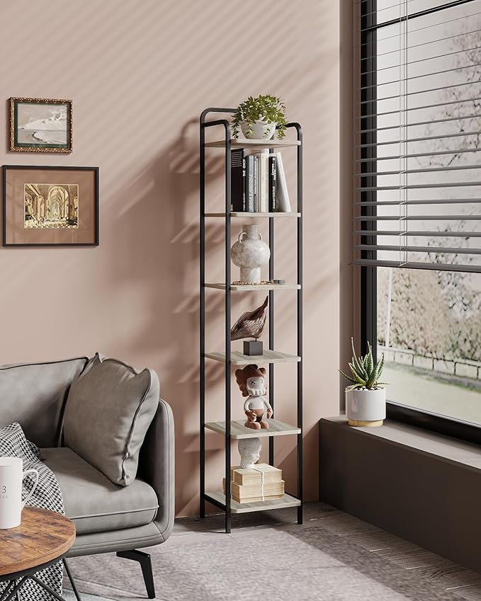 Bookcase Bookshelf, Narrow Book Shelf, Industrial Coner Shelf Storage Organizer, Slim Shelving Unit for Home Office, Living Room, Bedroom, Kitchen, 6-Tier Greige BC24605B