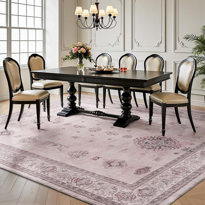 AMOAMI-Vintage Area Rug 6X9 Pink Rugs for Living Room-Soft Living Room Rug Non Slip Rugs for Bedroom Carpet Machine Washable Rug for Dining Room Bedside Office Room Decor