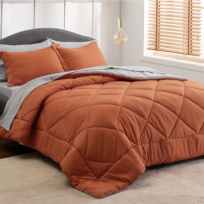 Bedsure Burnt Orange Twin XL Comforter Set - 5 Pieces Reversible Twin XL Bed in a Bag Twin XL Bed Set with Comforters, Sheets, Pillowcase & Sham, Twin XL Bedding Sets