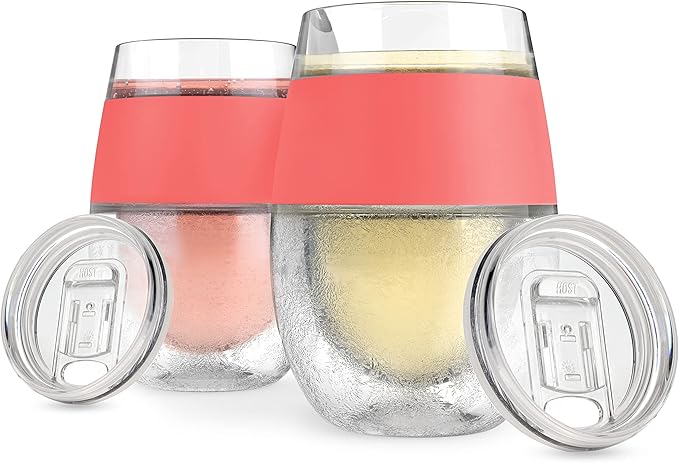Host Cooling Wine Freeze Cup with Lid, Set of 2 Plastic Double Wall Insulated Wine Tumbler Drink Cups with Freezing Gel for Red and White Wine, Coral