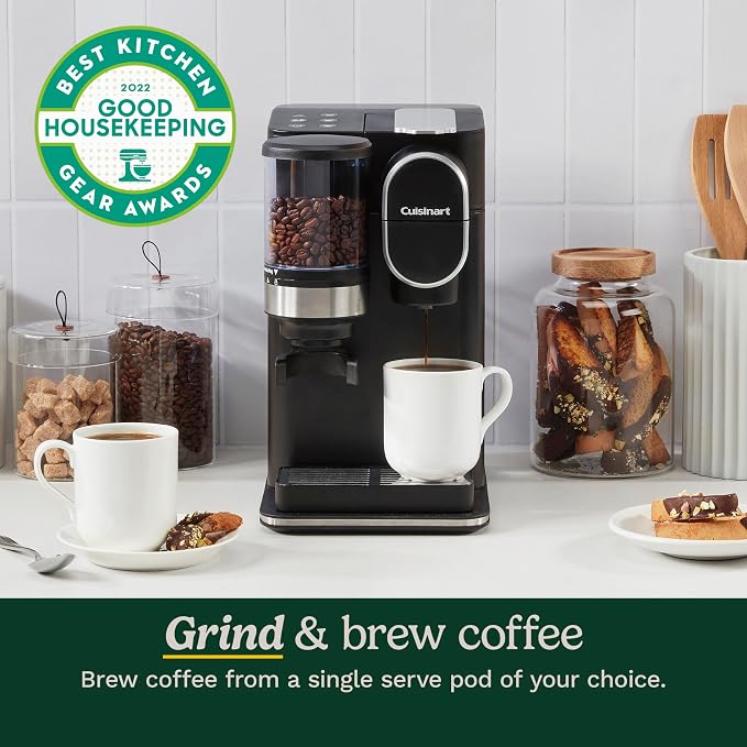 Cuisinart Single-Serve Coffee Maker + Coffee Grinder with 8 oz., 10 oz., and 12 oz. Serving Size, Compatible with Single-Cup Pods, 48-Ounce Removable Reservoir, Stainless Steel, DGB-2 | Serving Size, Single-Cup Pods, 48-Ounce Removable Reservoir, DGB-2