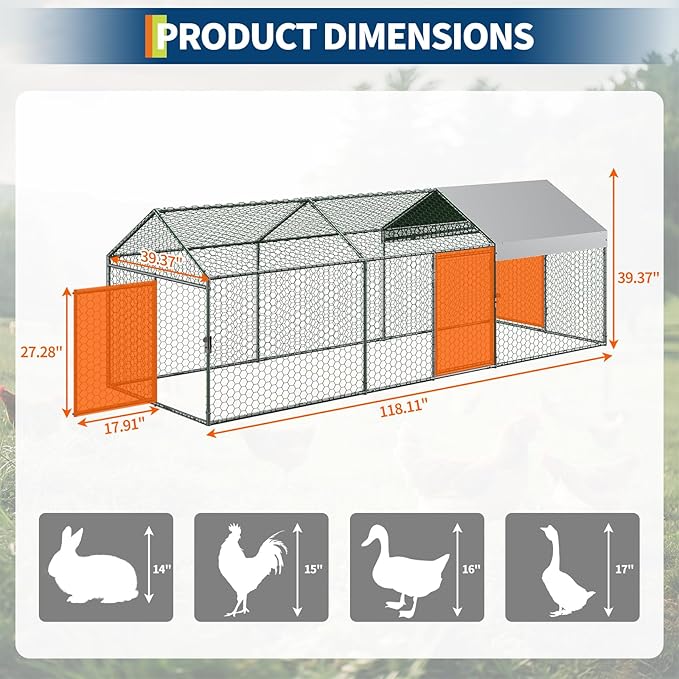 Large Metal Chicken Coop, 120"×40"×40" Walk-in Poultry Cage, with Protective Cover to Block Wind and Rain, Chicken Duck and Rabbit Enclosure for Yard,Farm, Scratch-Ristant & Easy Assembly