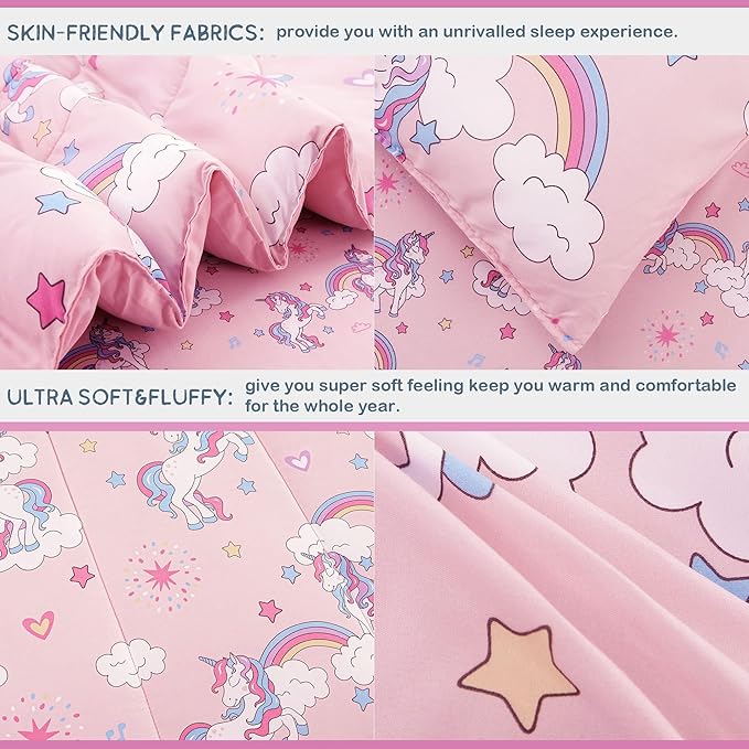 Mooreeke Kids Comforter Bed Set Twin Size for Girls, 6 Pieces Bed in a Bag with Shams, Sheet Set, Pink Unicorn Double Soft Microfiber Kids Comforter Bedding Set