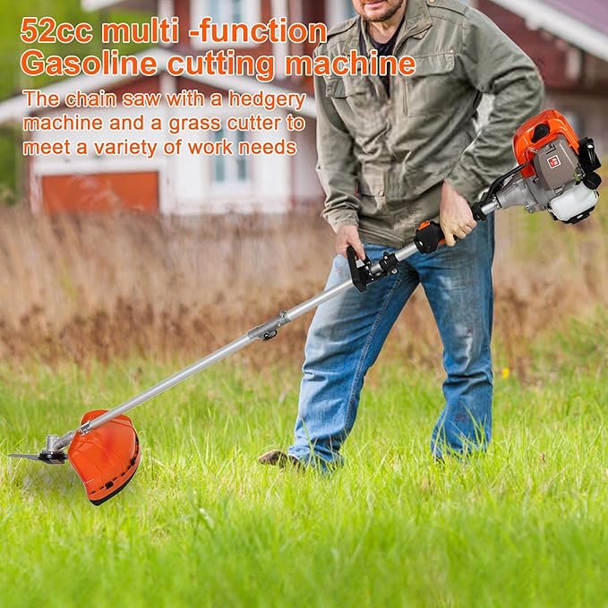 Gas Weed Eater, 52cc 2 Stroke Weed Wacker 6 in 1 Lawn Mover Include String Trimmer Brush Cutter Pole Saw Hedge Trimmer for Yard Garden Care 9500rpm 3000r/min Engine Speed 120cc Oil Tank Orange