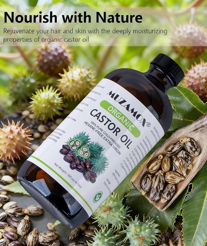 Castor Oil Organic Cold Pressed Unrefined Glass Bottle, 100% Pure and Hexane Free, Ideal for Castor Oil Pack, Skin Care, and Hair Growth, 16 Fl Oz