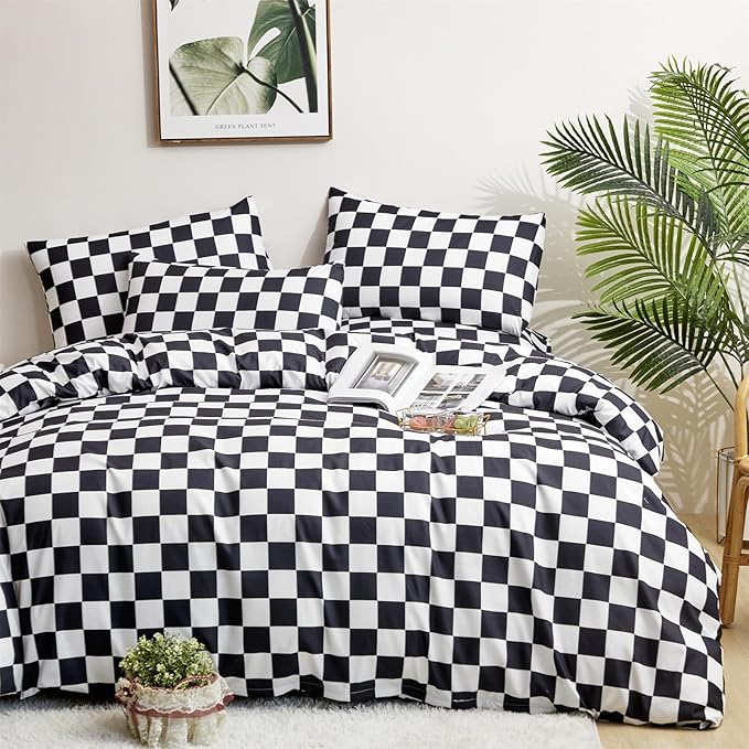 Black White Grid Comforter Set King Black Plaid Bedding Set Women Black and White Checkered Bed Comforter Set Breathable Blanket Set Men Durable Bedding Comforter Set