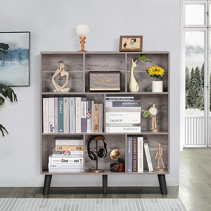 LEYAOYAO 8 Cube Bookshelf,3 Tier Bookcase with Legs,Modern Grey Mid-Century Bookshelves,Large Farmhouse Open Storage Organizer Shelf, Retro Wooden Display Book Case for Bedroom,Living Room,Office