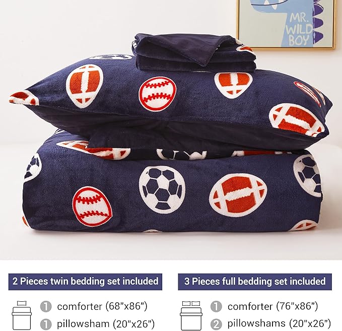 Mooreeke Glow in The Dark Full Plush Fleece Comforter Bed Set, Soft & Warm 3 Piece Bed in A Bag with Sham, Velour Velvet Football Basketball Soccer Rugby Boys Kids Bedding Set, Fluffy Fuzzy Polar Cozy