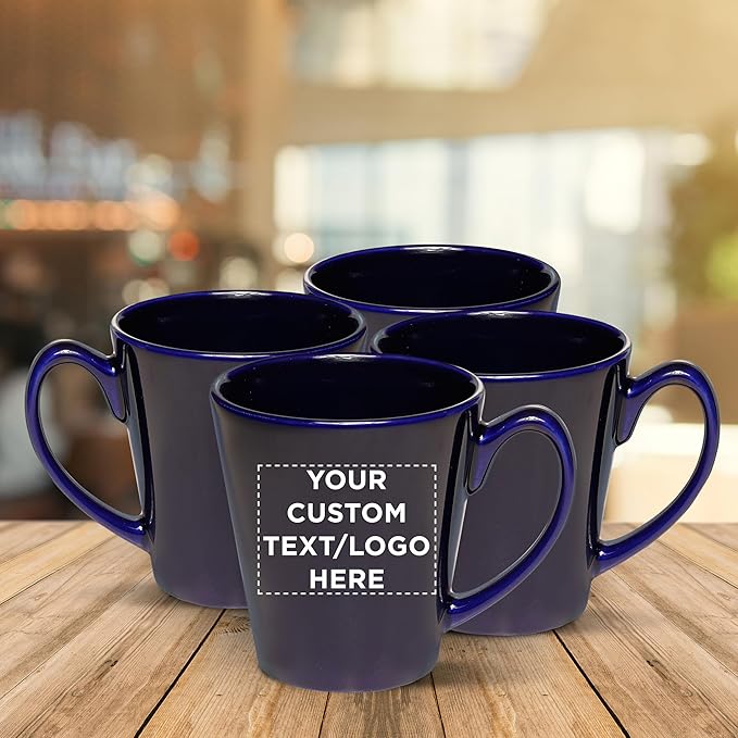 DISCOUNT PROMOS Custom Glossy Ceramic Latte Coffee Mug 12 oz. Set of 100, Personalized Bulk Pack - Perfect for Tea, Espresso, Cappuccino, Hot Cocoa - Blue