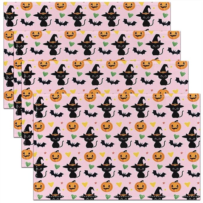 Feelyou Happy Halloween Placemats Set of 4 Cute Ghost Cat Table Mats Pink Orange Green Place Mat for Kitchen Dining Table Party Decor Indoor Outdoor 18"x12" Non-Slip Easy to Clean Pumpkin Lantern Bats