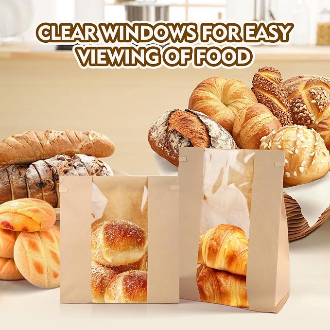30 Pack Bakery Bags with Window Kraft Paper Bread Bags Bread Loaf Bags with Tin Tie Tab Lock Toast Bags Baked Food Packaging Storage