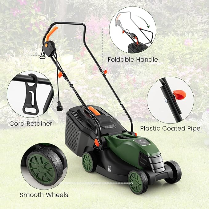 S AFSTAR Electric Corded Lawn Mower, 12-AMP 14-Inch Walk-Behind Lawnmower with Collection Box, 3 Adjustable Height Position, Self Locking Function, Push Lawn Mower for Backyard Patio