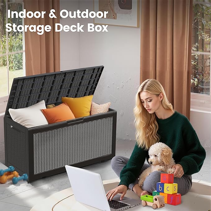 100 Gallon Storage Box, Waterproof Resin Deck Box with Hydraulic Piston Design, Lockable Storage Bench for Package Delivery, Storage Bin for Patio Cushions, Garden Tools, Black