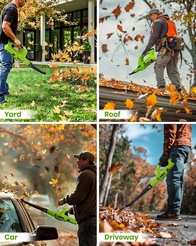 HARDELL Leaf Blower, 18V Small Leaf Blower Cordless with 2.0Ah Battery & Fast Charger, Lightweight Electric Leaf Blower for Lawn Care, Patio, Blowing Leaves, Green