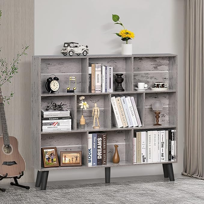 LEYAOYAO 10 Cube Bookshelf,3 Tier Modern Wide Bookcase with Legs,Mid-Century Wood Bookshelves Storage,Retro Grey Large Book Case,Freestanding Organizer Display Shelf for Bedroom,Living Room,Office