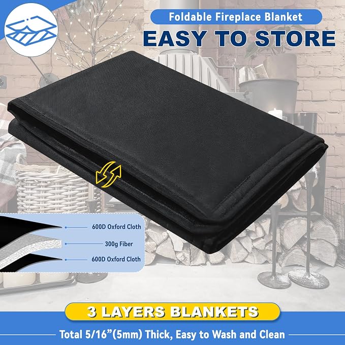 Magnetic Fireplace Cover, Fireplace Draft Stopper with 12 Pieces Strong Magnets, Fireplace Blanket for Heat Loss, Air Blocker for Winter and Summer, 43"x36", Black