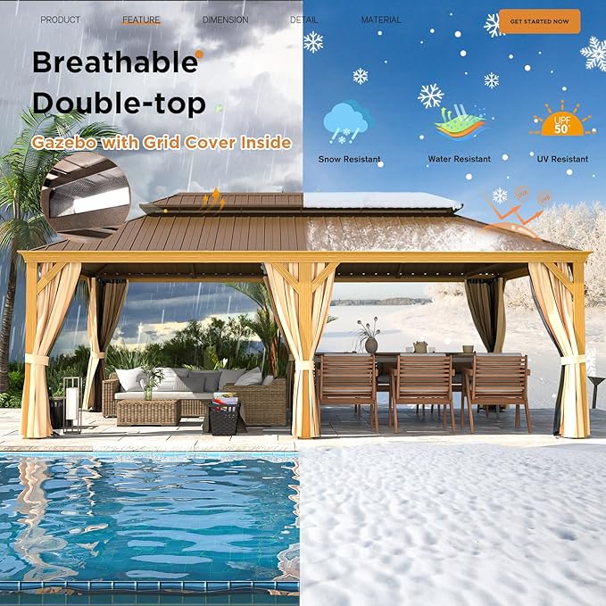 YOLENY 14' x 22' Hardtop Gazebo Wood-Looking Aluminum Frame Pergola with Galvanized Steel Double Roof, Outdoor Permanent Metal Pavilion with Netting and Curtains for Lawns,Deck and Backyard