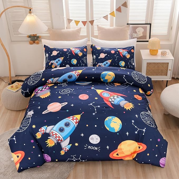 Aimuan Twin Comforter Set Kids Space Rocket Bedding Set Super Soft & Cute Aliens UFO Printed for Teen Boys Girls (Navy, Twin)