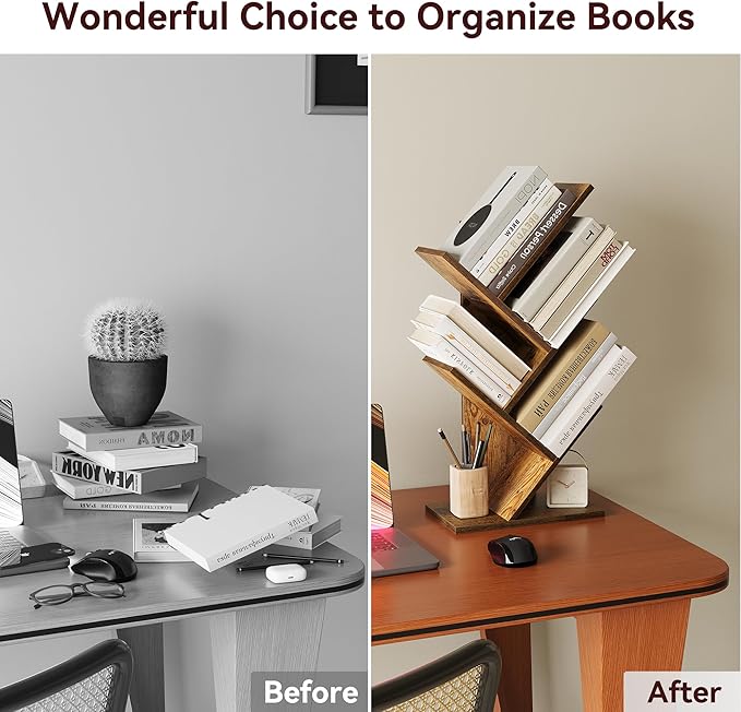 SUNMORY 4 Tier Tree Bookshelf, Small Bookcase, Modern Narrow Bookshelves Organizer, Floor Standing Book Shelf for Bedroom/Living Room/Home Office/Corner, Brown