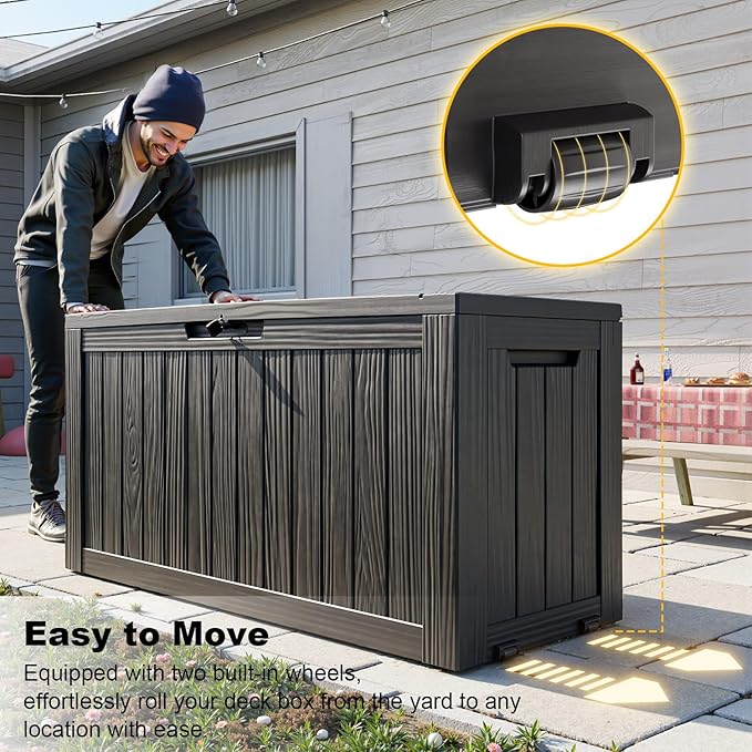 ROJIK Outdoor Storage Box with Wheels,75 Gallon Waterproof Resin Deck Box, Lockable Storage for Patio Cushions,Garden Tools,Pool Accessories,UV-Resistant Storage Bench for Backyard & Deck(Black)