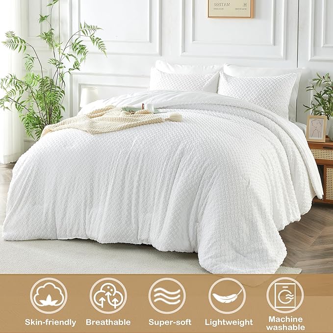 Queen Size Tufted Kids Comforter Set 7 Piece White Jacquard Tufts Embroidery Bedding Set for Boys Girls Bed in A Bag Quilt with 1 Comforter, 1 Flat Sheet, 1 Fitted Sheet, 2 Pillowcase, 2 Pillow Sham